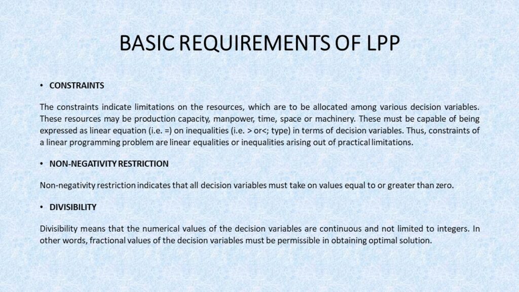 LINEAR PROGRAMMING PROBLEMS - BASIC REQUIREMENTS OF LPP