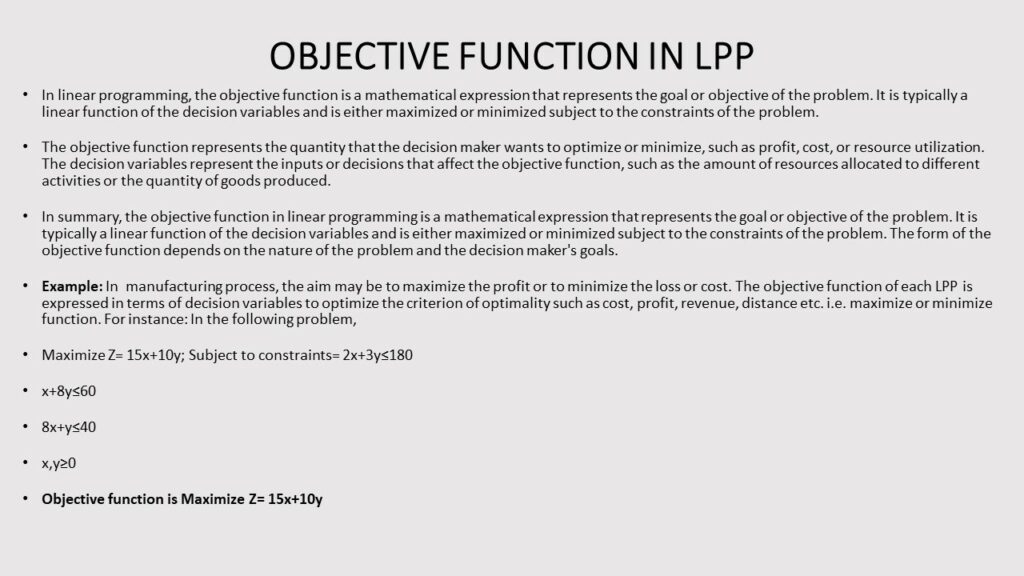 OBJECTIVE FUNCTION IN LPP- LINEAR PROGRAMMING TERMS AND DEFINITIONS