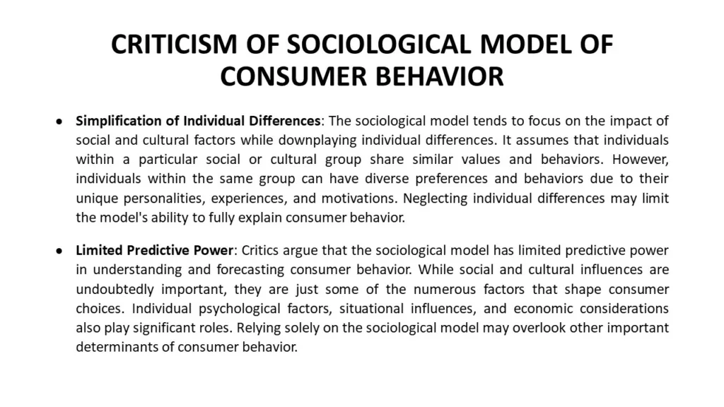 CRITICISM OF SOCIOLOGICAL MODEL OF CONSUMER BEHAVIOR