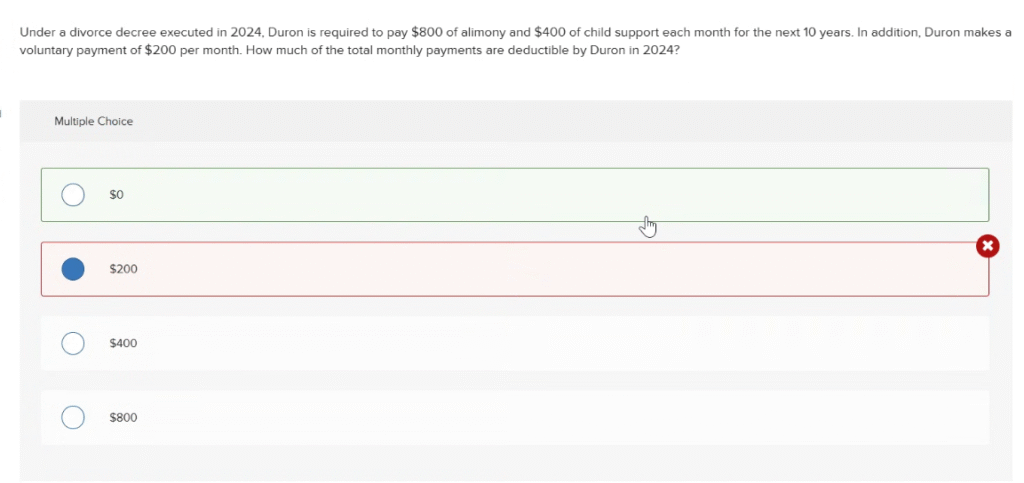 Under a divorce decree executed in 2024, Duron is required to pay $800 of alimony and $400 of child support each month for the next 10 years. In addition, Duron makes a voluntary payment of $200 per month. How much of the total monthly payments are deductible by Duron in 2024? ACCT M50 PRINCIPLES OF INCOME TAXATION PRACTICE EXAM FREE SOLVED ANSWERS