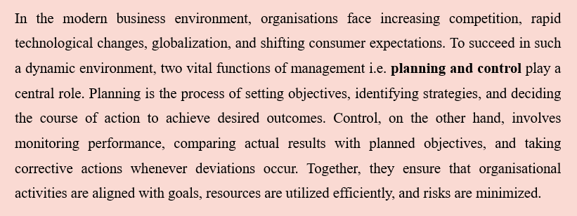 IMPORTANCE OF PLANNING AND CONTROL IN AN ORGANISATION