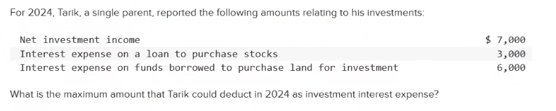 For 2024, Tarik, a single parent, reported the following amounts relating to his investments:
Net investment income= $ 7,000
Interest expense on a loan to purchase stocks= 3,000
Interest expense on funds borrowed to purchase land for investment= 6,000
What is the maximum amount that Tarik could deduct in 2024 as investment interest expense?