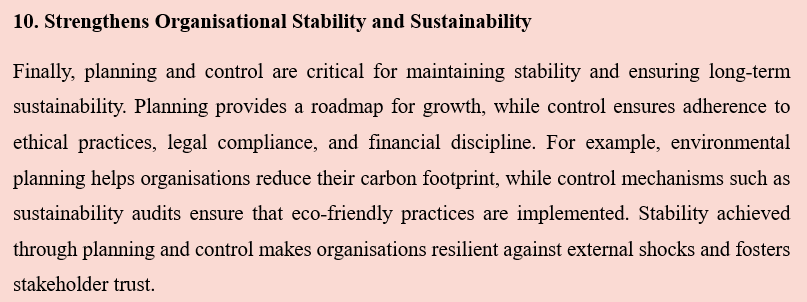 IMPORTANCE OF PLANNING AND CONTROL IN AN ORGANISATION